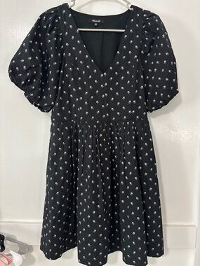 Madewell Black Mini Dress with White Print puff sleeve XXS